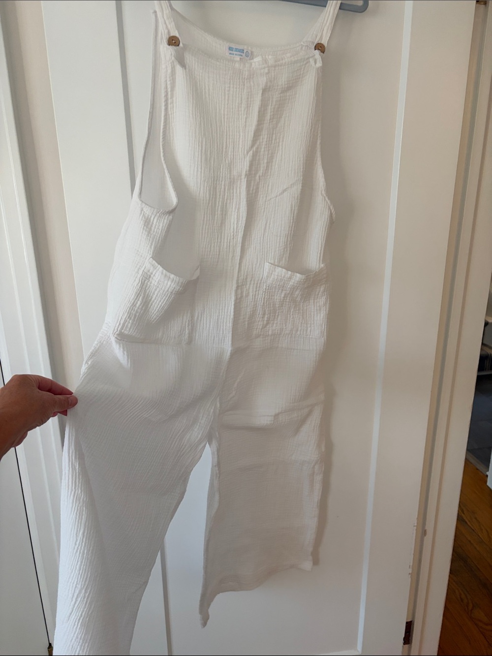Women's White Cotton Gauze Overalls Jumpsuit with Front Pockets